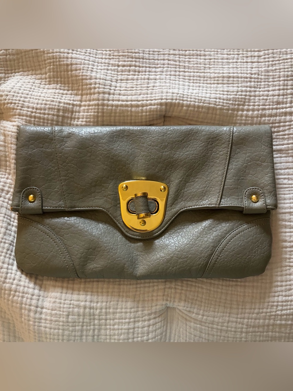 Olive Green Pleather Fold-Over Clutch with Gold Hardware - Picture 1 of 12
